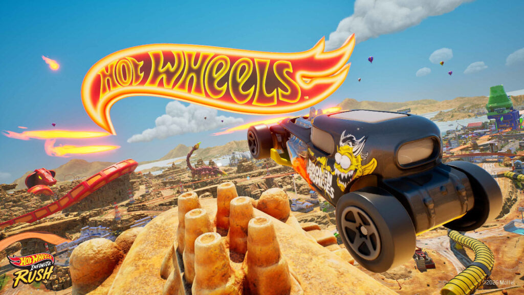Ein Hot-Rod springt auf ein sammelbares Hot Wheels Logo zu