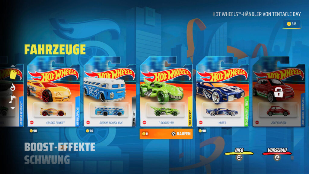Der Shop mit einem Auto darunter, welches 0 Münzen kostet