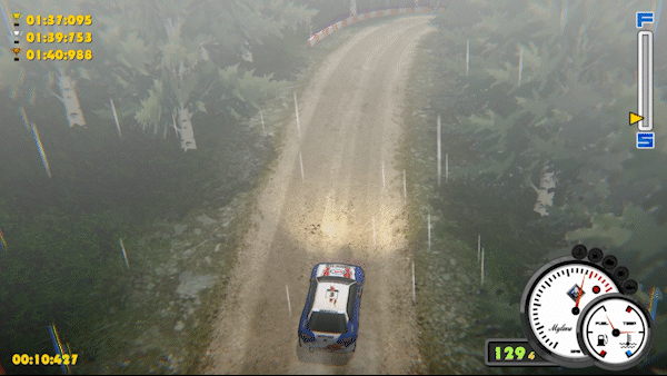 Eine Animation eines weiß-blauen Autos, das in Super Woden Rally Edge im Wald fährt