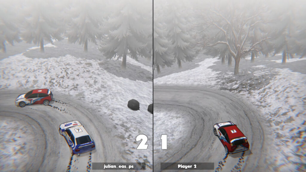 Splitscreen in Super Woden Rally Edge, mit wenig HUD Elementen