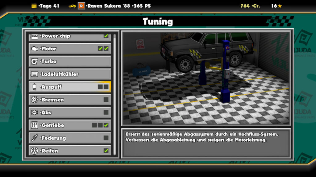 Ein schwarzer Geländewagen in der Tuning-Werkstatt von Super Woden Rally Edge