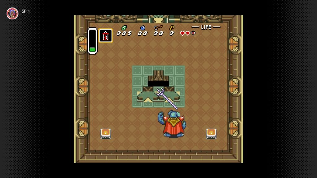 Ganon mit Dreizack vor einem Bildfehler. Link ist in der Wand nicht zu sehen.