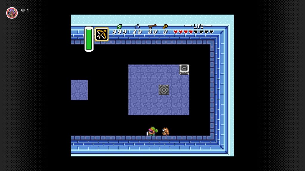 Link und Zelda gehen halb über schwarzem Hintergrund, halb unter Boden- und Wandfliesen.