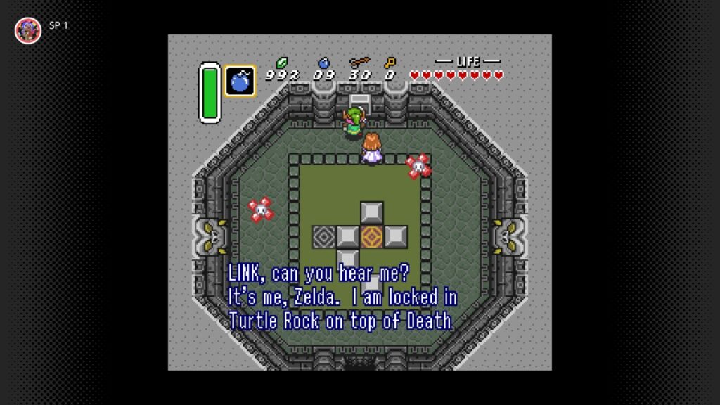 Zeldas telepathische Stimme, während Link und Zelda in einem Dungeon sind: "LINK, can you hear me? It's me, Zelda. I am locked in Turtle Rock on top of Death". Allerdings sind sie in einem früheren Dungeon.