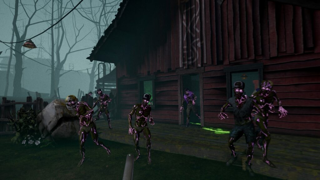 Ein paar Zombies vor der Waldhütte, die auf die Kamera zu laufen.