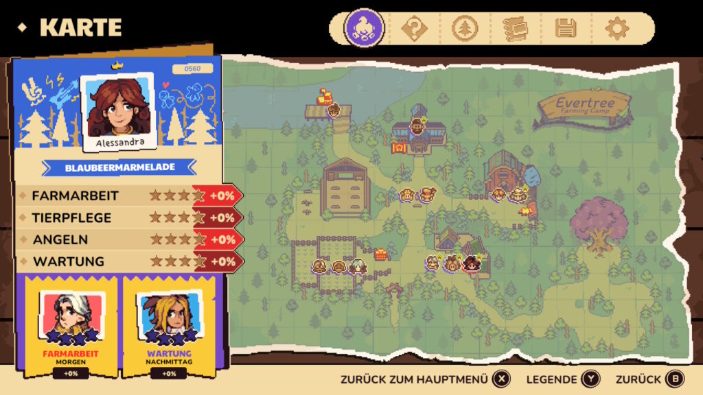Kartenbildschirm in Farming Camp. Darauf sind die anderen Leute auf der Farm zu sehen. Zudem Infos über die geplante Arbeit der anderen Teammitglieder.
