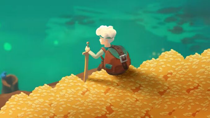 Moonlighter 2 - Will sitzt am Rande eines Berges aus Goldmünzen