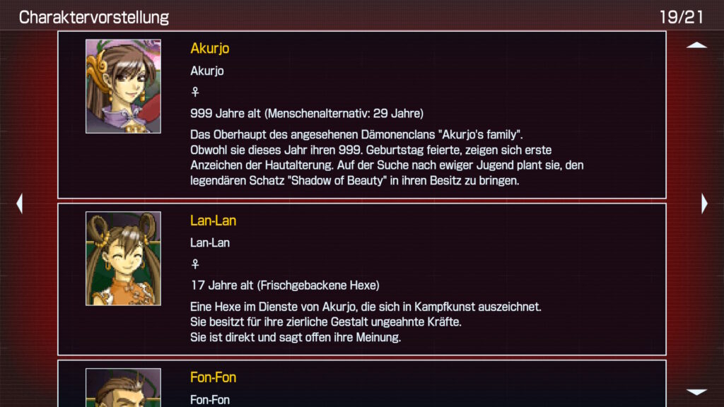 Charaktervorstellung im Console Archives-Menü zu den Bösewichten Akurjo und Lan-Lan.