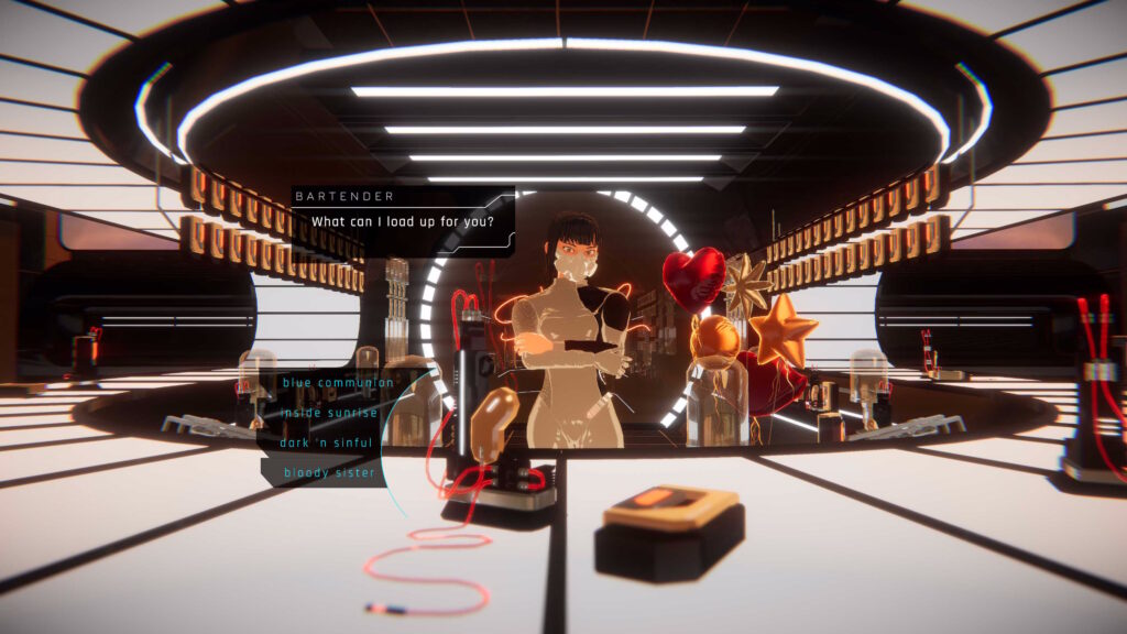 Screenshot aus 1000xResist. Darstellung des NPC Bartender sowie Dialogoptionen