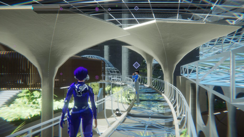Screenshot aus 1000xResist. Third-Person-Ansicht aus dem Spiel auf einer Brücke nahe eines NPC.