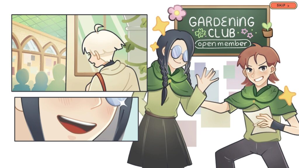 Comicbilder zu den beiden Mitgliedern des Gärtnerei-Clubs, die Verde entdecken und einladen.