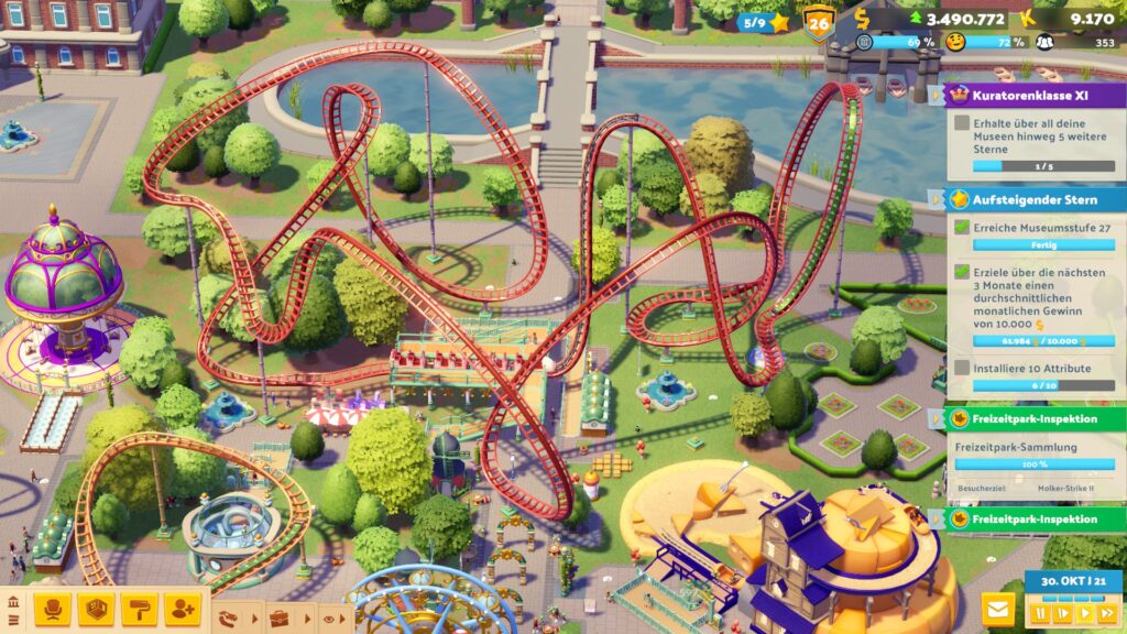 Ein Screenshot aus dem Attraktionen und Relikte DLC von Two Point Museum. Er zeigt meine Achterbahn.