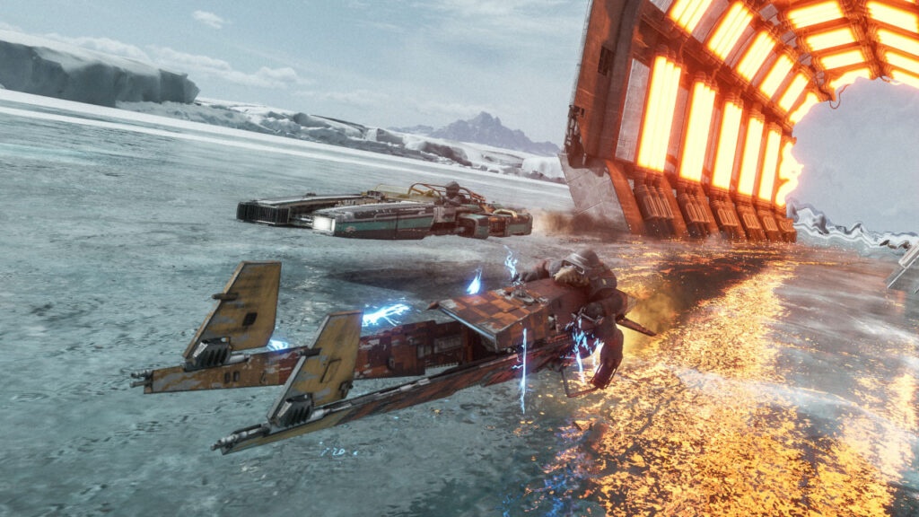 Zwei Speeder auf dem Eis von Ando Prime kommen aus einem Wärmetunnel