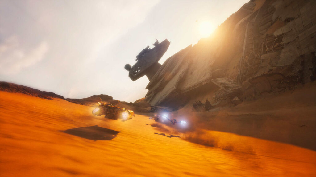 Speeder rasen in Star Wars: Galactic Racer neben einem Sternenzerstörer-Wrack