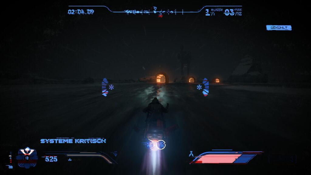 Ein Speeder Bike fährt durch das dunkle Ando Prime, mit Ramjet und Systemstörungs-Effekten