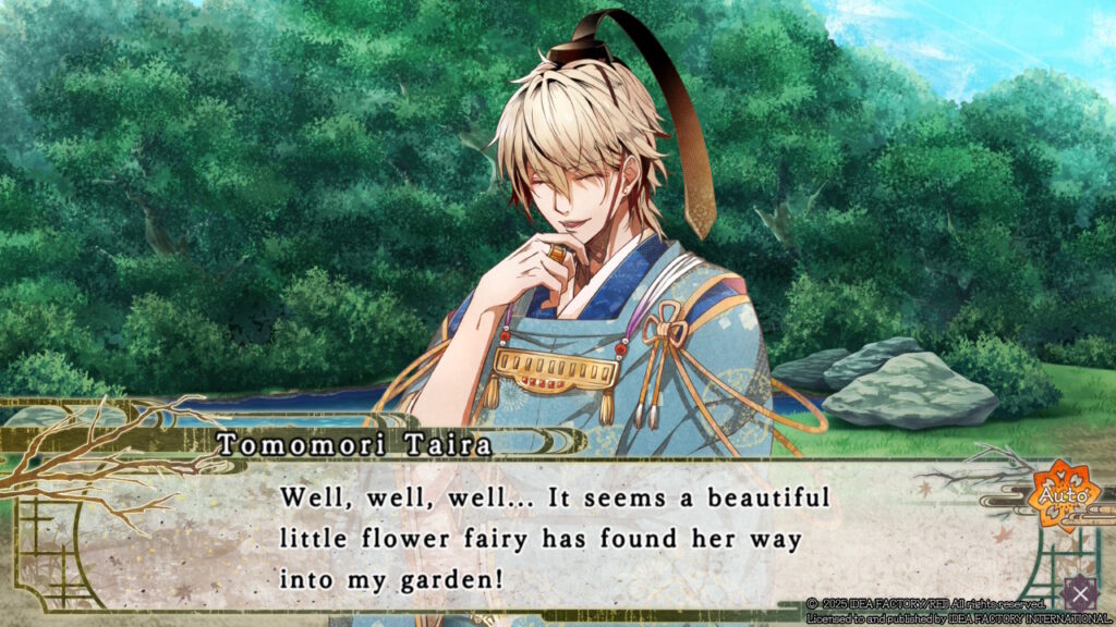 Tomomori: "Well, well, well ... It seems a beautiful little flower fairy has found her way into my garden!"