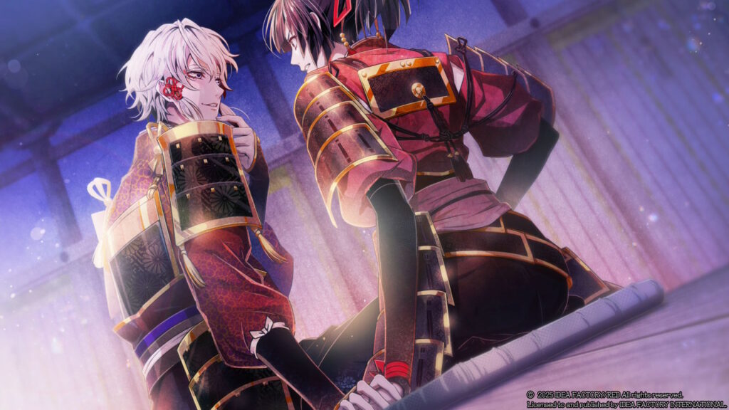 CG in Birushana: Winds of Fate. Shigehira und Shanao sitzen auf dem Boden, er hält ihre Hand fest und schaut sie an, während sie wütend zurückstarrt.