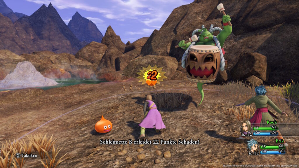 Kampf in Dragon Quest XI S mit Kampfarena in echter Umgebung.