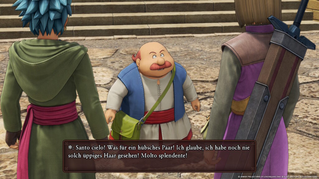 Erik und der Held stehen nebeneinander vor einem NPC mit Halbglatze. NPC: "Santo cielo! Was für ein hübsches Paar! Ich glaube, ich habe noch nie solch üppiges Haar gesehen! Molto splendente!"