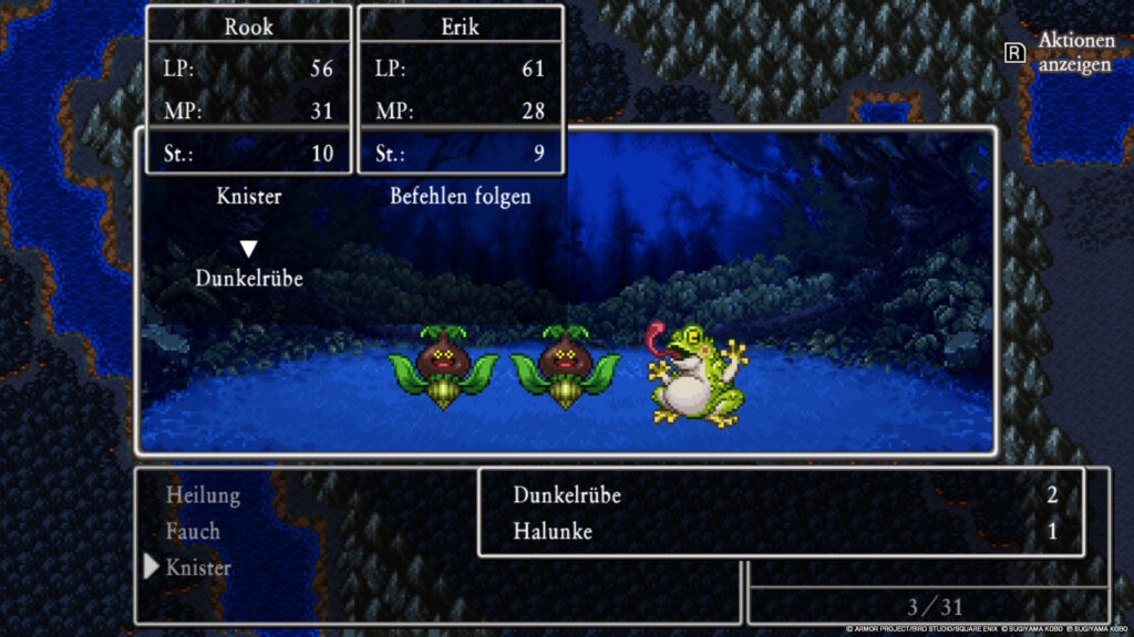 Kampfbildschirm in 2D im Stil alter Dragon-Quest-Titel.