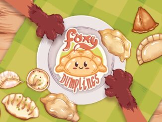 Artwork Foxy Dumplings. Zwei Pfoten halten von oben und unten einen Teller fest, darum herum Teigtaschen verteilt. Auf dem Teller Logo des Spiels.