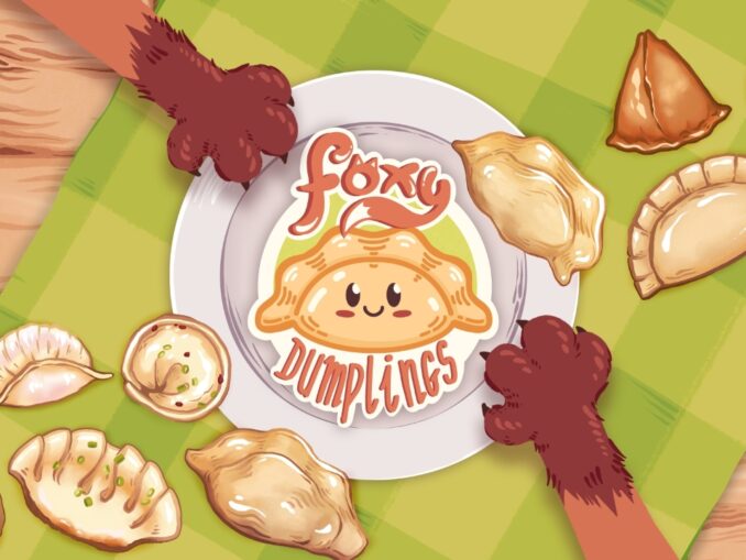 Artwork Foxy Dumplings. Zwei Pfoten halten von oben und unten einen Teller fest, darum herum Teigtaschen verteilt. Auf dem Teller Logo des Spiels.