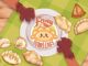 Artwork Foxy Dumplings. Zwei Pfoten halten von oben und unten einen Teller fest, darum herum Teigtaschen verteilt. Auf dem Teller Logo des Spiels.