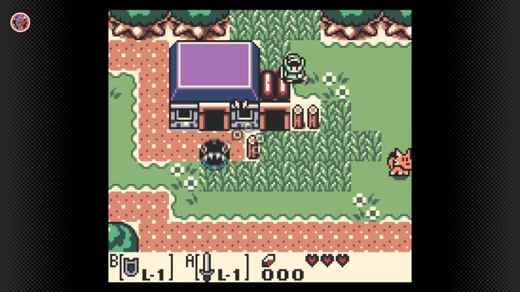 Grobes Setup für den Wall Clip in Link's Awakening. Link überlappt sich leicht mit der Oberseite der Hundehütte.