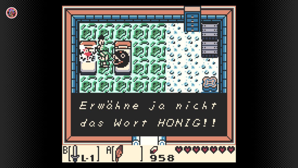 "Erwähne ja nicht das Wort HONIG!!" Tarin im Bett mit Sprite eines Vogels, schräg darüber ein Mann. Hinter Link befindet sich Marin, nutzt jetzt allerdings den Sprite von Komet.