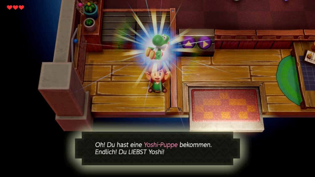 Yoshi-Puppe beim Kranspiel in Link's Awakening (2019) erspielt. "Oh! Du hast eine Yoshi-Puppe bekommen. Endlich! Du LIEBST Yoshi!"