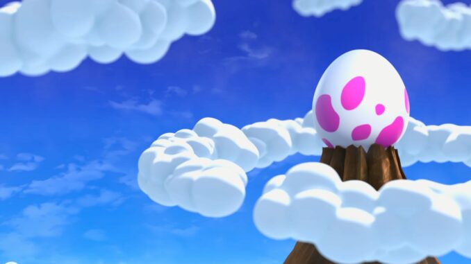 Artwork Link's Awakening mit Ei auf Berg, umgeben von Wolken.