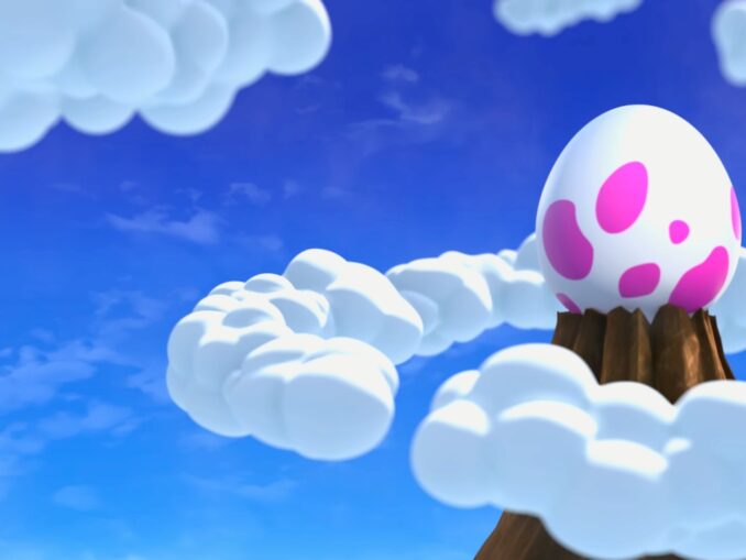 Artwork Link's Awakening mit Ei auf Berg, umgeben von Wolken.