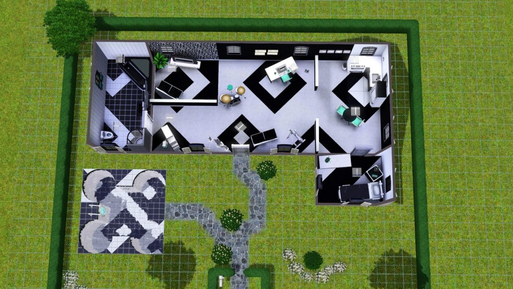 Sehr schwarz-weißes Haus von oben. Links Badezimmer, Mitte Wohnbereich, rechts Küche, darunter Schlafzimmer. Links unterhalb des Badezimmers ist der Pool draußen, der aus einem Plus mit vier Kreisen im Quadrat besteht.