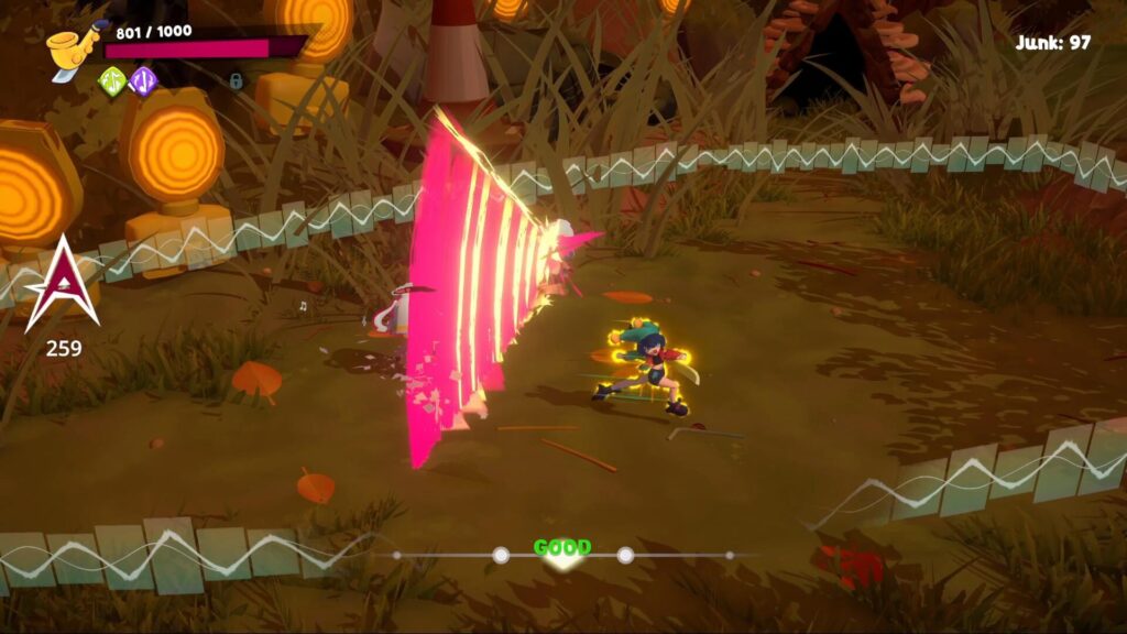 Screenshot aus Alpha Nomos: Darstellung einer Arena mit Angriff durch einen Gegner