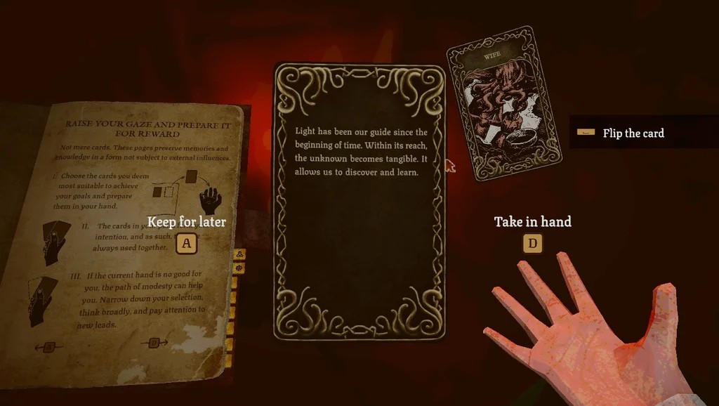 Screenshot aus Dreadline Express. Darstellung des Karteninferface, mit Erklärung auf einem Buch links, einer zentralen Karte mit Text mittig und einer zweiten Karte "Wife" rechts über einer Hand.