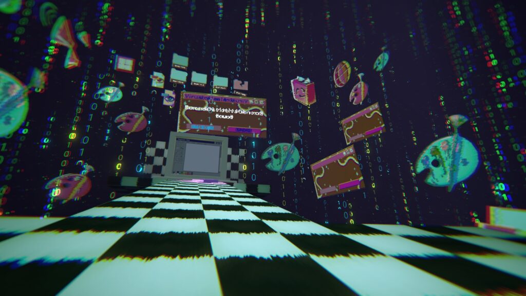 Screenshot aus Time To Wake Up mit computerikonografischen Elementen im Leveldesign