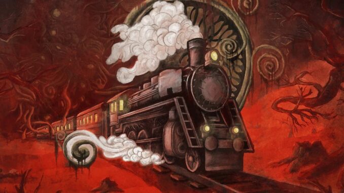Artwork zu Dreadline Express. Darstellung einer alten Dampflokomotive, welche in unsere Richtung fährt. Der rote Hintergrund hat karge Bäume und Tentakel abgebildet, die nach dem Zug greifen.