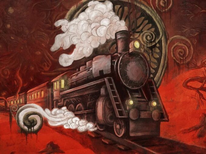Artwork zu Dreadline Express. Darstellung einer alten Dampflokomotive, welche in unsere Richtung fährt. Der rote Hintergrund hat karge Bäume und Tentakel abgebildet, die nach dem Zug greifen.