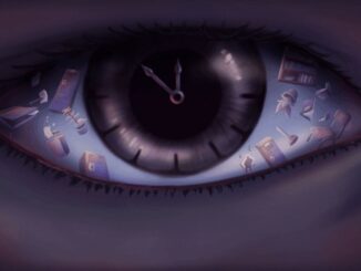 Artwork zu Time To Wake Up. Anzeige eines Auges in Nahaufnahme mit Uhrzeigern im Zentrum und anderen, verschiedenen Objekten drumherum