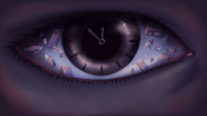 Artwork zu Time To Wake Up. Anzeige eines Auges in Nahaufnahme mit Uhrzeigern im Zentrum und anderen, verschiedenen Objekten drumherum