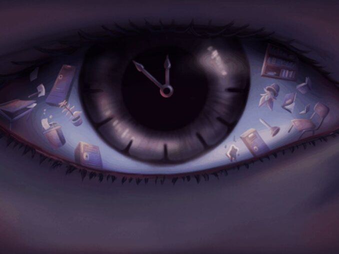 Artwork zu Time To Wake Up. Anzeige eines Auges in Nahaufnahme mit Uhrzeigern im Zentrum und anderen, verschiedenen Objekten drumherum